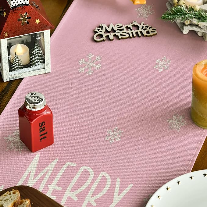 Artoid Mode Xmas Trees Snowflakes Pink Merry Christmas Table Runner, Winter Seasonal Kitchen Dining Table Decoration for Home Party Decor 13x120 Inch