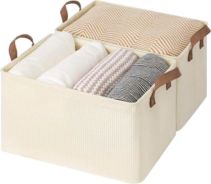StorageWorks Storage Bins, Shelves Baskets for Organizing, Large Fabric Closet Organizers with Handles, Metal Frame, Beige(Texture), 2-Pack
