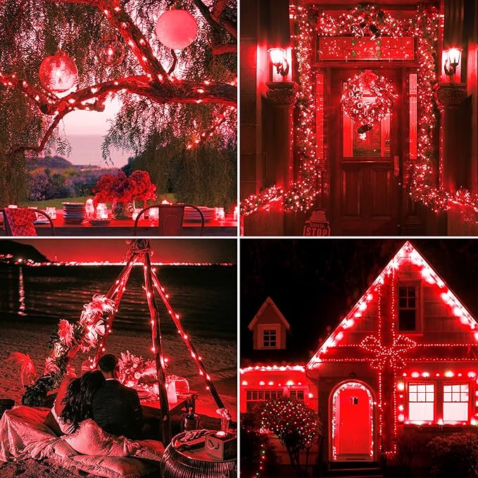 JMEXSUSS 4 Pack 400 LED 132FT Red Solar Fairy Lights Outdoor Waterproof, 8 Modes Copper Wire Solar String Lights for Outside Patio Garden Christmas Decorations