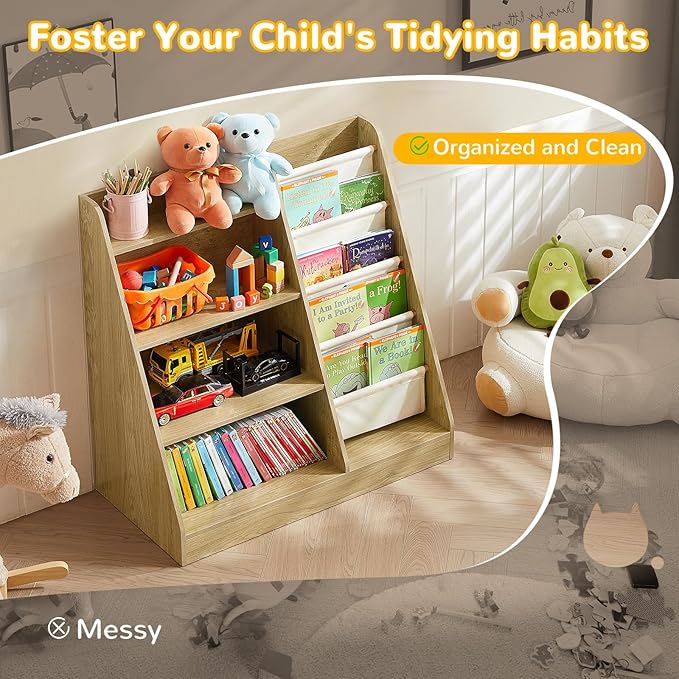 Kids Bookshelf, 4-Tier Kids Wooden Bookshelf with Toy Storage Montessori Toy Shelf, 32โL x 16โD x 32โH Nursery Bookshelves Childrens Bookcase Baby Toddler Book Shelf for Kids Rooms Clearance