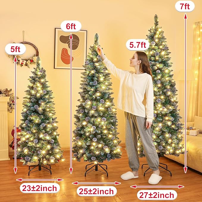 Homde Pencil Christmas Tree 6 Foot Pre-Lit Artificial Christmas Tree with Flocked Snow Pine Cone 160 Warm White Lights Holiday Decor