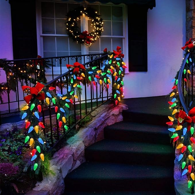 HUGSVIK 39Ft 100 LED Solar Christmas Lights Outdoor, 8 Modes C6 Strawberry Lights, Waterproof Outdoor Christmas String Lights for Xmas Tree, Holiday, Garden, Patio, Arbor Decor