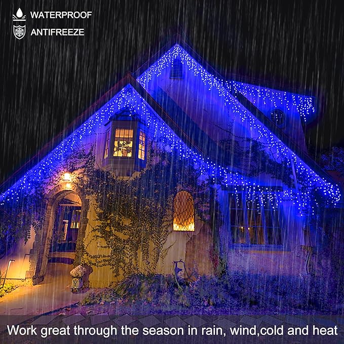 33ft 400LED Icicle Lights for Outside, Blue Christmas Lights for House Patio Yard Porch Backyard Holiday Garden Xmas Exterior Decoration, Waterproof Twinkle Cluster Light Hanging Light All Year