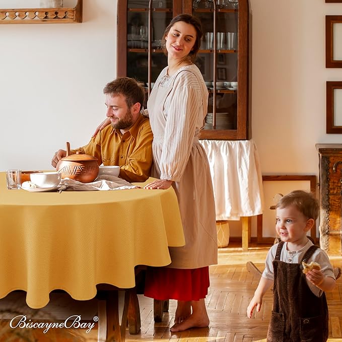 Biscaynebay Fall Tablecloth Textured Fabric Round Tablecloths 60" for Tables diameters from 28" to 48", Fall Gold Thanksgiving Autumn Harvest Water Resistant Table Cover for Kitchen, Dining, Party