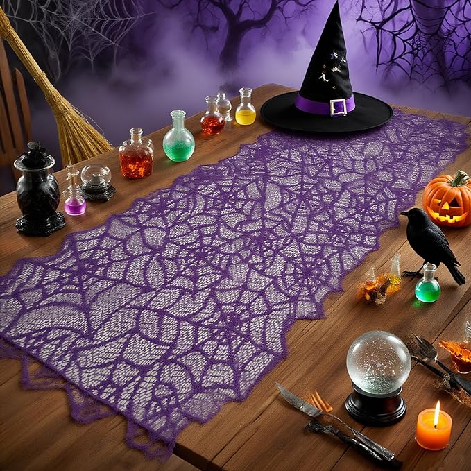 1-Pack Halloween Table Runner, Purple Spider Web Lace Table Runner, Gothic Kitchen Decor, Fall-Themed Party Decorations, Spider Web Reusable Home Accent, 13 x 72 Inches