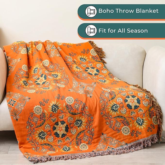 Fall Throw Blanket for Couch Bed Chair,100% Cotton Soft Lightweight Blanket Rustic Quilt -Orange Floral Printed Farmhouse Decor Bed All Season Blankets,60"×80"