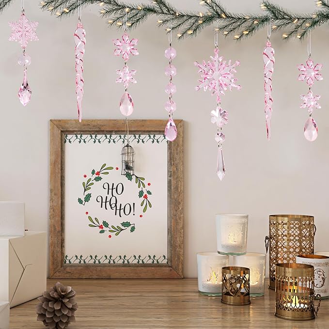 18pcs Crystal Christmas Ornaments for Christmas Tree Decorations-Pink Hanging Acrylic Snowflake and Icicle Ornaments with Drop Pendants for New Year Party Decorations Supplies