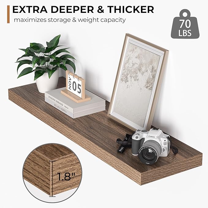 Fun Memories Floating Shelves - 10.3 Inch Deep Wall Shelf for Decor & Storage - Wall Mounted Display Shelving with Invisible Heavy-Duty Metal Bracket - 36"x 10.3"x 1.8" 1 Pack, Walnut