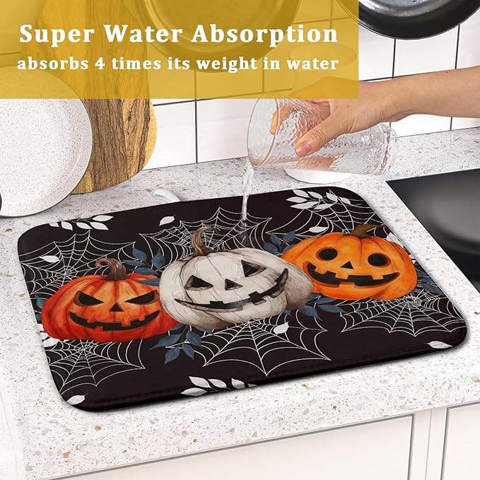 Halloween Dish Drying Mat for Kitchen Counter Spooky Pumpkins Spiderweb Super Absorbent Reversible Microfiber Kitchen Countertop Protector Dishes Pad Small 16x18 inch