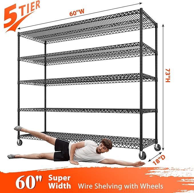 REIBII 73" H Storage Shelves Wire Shelving with Wheels 3200 lbs Heavy Duty Steel Metal Shelving Unit Shelf Rack for Warehouses,Garage, Kitchen, School,Commercial,73" H X 60”W X 18" D