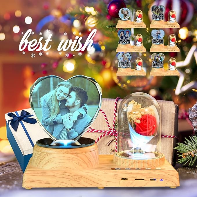 Personalized Heart Crystal Print with Your Photo, Office Desktop Decor Personalized Picture Gifts Glass Clear Frame with Bluetooth Rotary Speaker Color Led Light Changing Mood Light