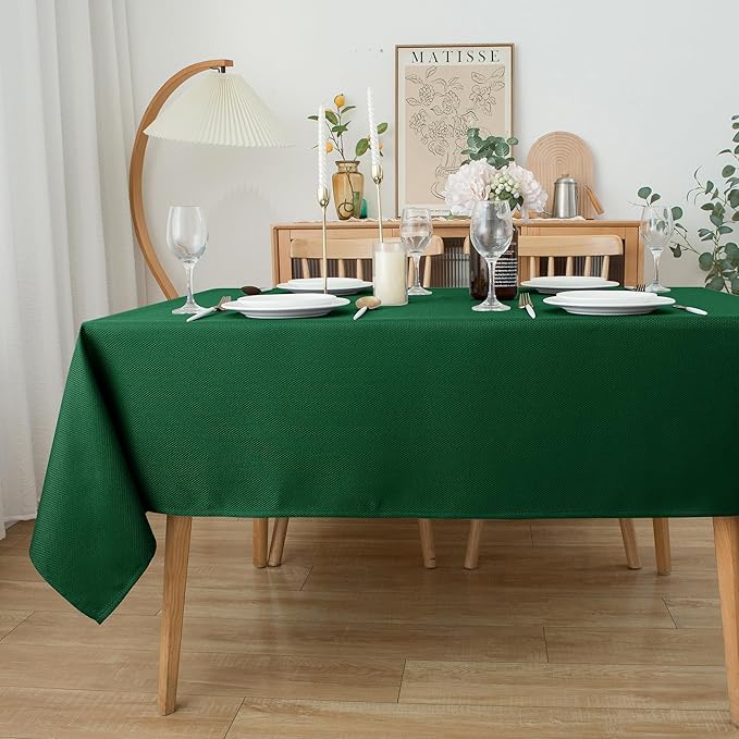 Biscaynebay Textured Fabric Christmas Rectangle Table Cloth 52x70 Inches, Hunter Green Water Resistant Spill Proof Tablecloths for Dining, Kitchen, Wedding and Parties, etc. Machine Washable