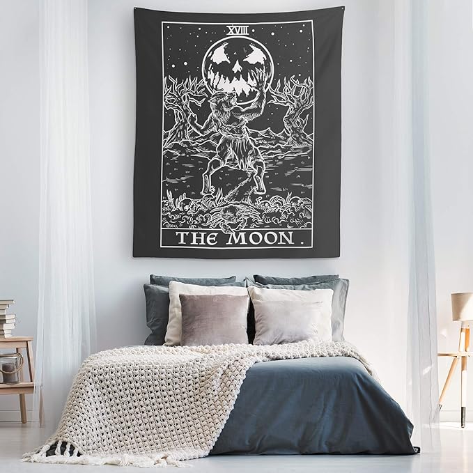 The Moon Tarot Card Tapestry (Black & White) - Werewolf - Gothic Halloween Home Decor Wall Hanging (80" x 68")
