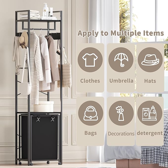 Coat Rack with Laundry Basket, Laundry Hamper Freestanding Hall Tree, Clothes Rack with Storage Shelves, 14.5 Gal Removable Bags on Wheels, Black JLH005B