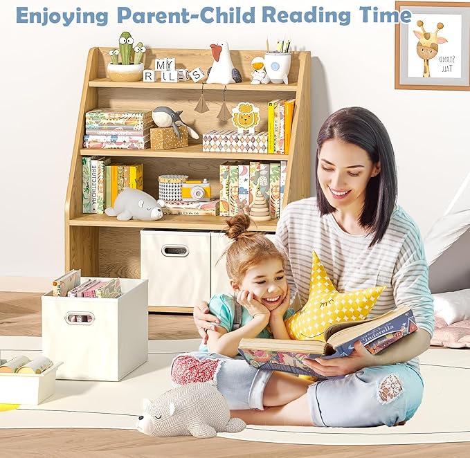 Kids Bookshelf and Toy Organizer, Wooden Kids Bookcase, Toddler Montessori Bookshelf with 3 Movable Drawers, Toy Storage Organizer for Kids Room, Living Room, Nursery