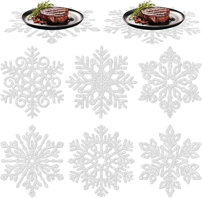 60Pcs Christmas Snowflake Paper Placemat Silver Glitter Snowflake Disposable Place Mat Winter Dining Table Mats for Xmas Birthday Party Kitchen