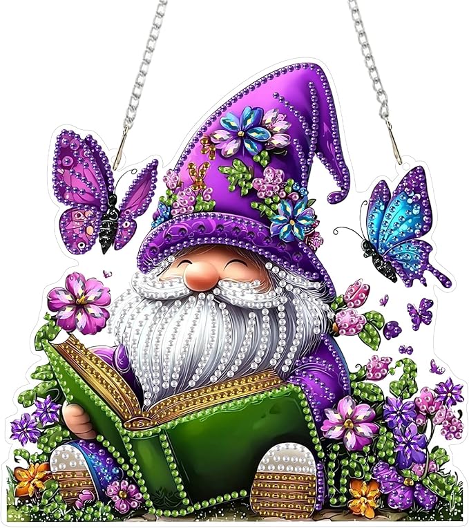SENQAO Gnome Diamond Art Hanging Kit for Adult, Special Shaped Rhinestone, Double Sided DIY Acrylic Diamond Art Painting Window Pendants Home Garden Wall Hanging Kits Hanging Ornament(Butterfly Book)