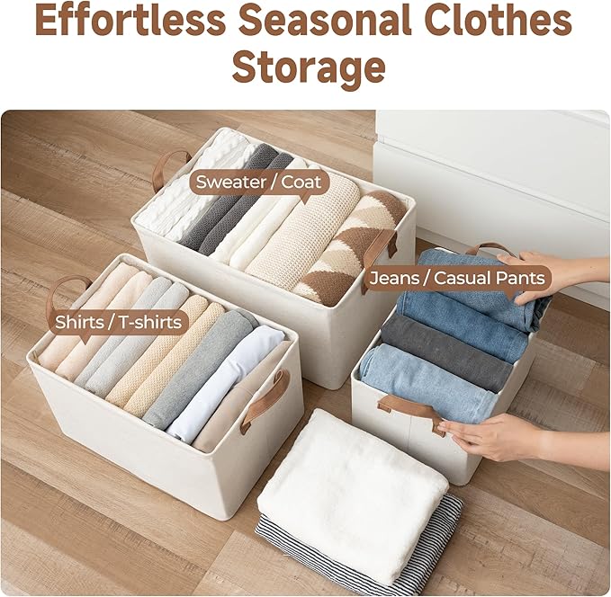 StorageWorks Storage Bins, Shelves Baskets for Organizing, 45L Extra Large Fabric Closet Organizers with Handles, Metal Frame, Beige(Cotton-linen), 2-Pack