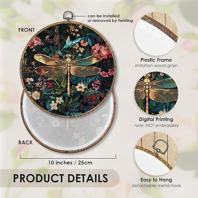Fewgb Vintage Dragonfly Round Wall Art Decor Framed for Gallery Bedroom Living Room Kitchen Bathroom, Dark Black Floral Canvas Wall Art Prints Picture, Flower Hanging Room Decor Artwork 10x10