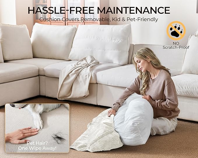 Oversized Modular Sofa Comfy Cloud Couch with Storage, Extra Deep Plush Sectional Sofa Set for Living Room, Covers Washable, Chenille, Olar (White, 3-Seater, Basic Shape)