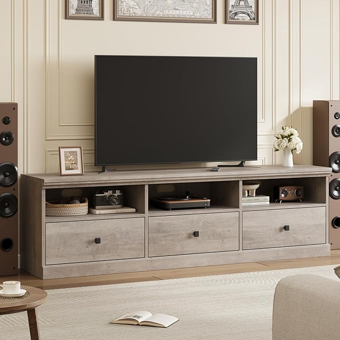 IDEALHOUSE 70in TV Stand for TVs up to 80", Mid Century Modern Entertainment Center with Storage Drawer and Open Shelves, TV Console Media Cabinet for Living Room, Bedroom, Rustic Gray