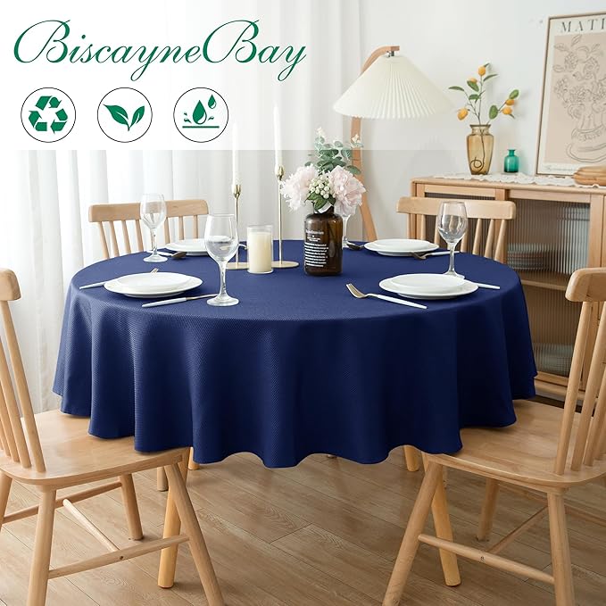 Biscaynebay Textured Fabric Round Tablecloths 60" for Round Tables diameters from 28" to 48", Navy Water Resistant Folding Table Covers Washable for Dining, Kitchen, Wedding, Parties etc