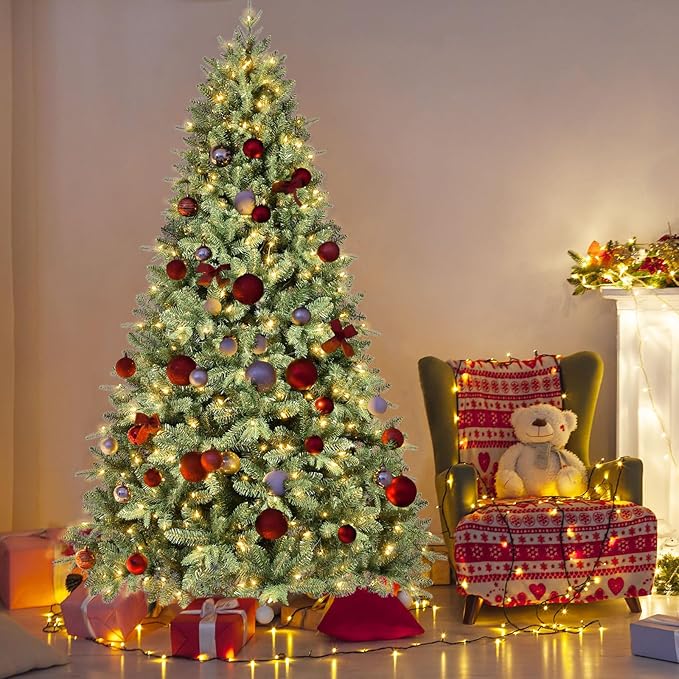 5FT Pre-Lit Artificial Christmas Tree with 1032 PE&PVC Mixed Branch Tips, 300 Warm White Lights, Hinged Premium Spruce Fake Xmas Trees, Green, Foldable Base