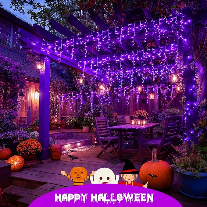 JMEXSUSS Purple Halloween Lights Outdoor, 800 LED Purple Icicle Lights Outdoor Waterproof, 8 Modes String Light Plug in for Fireplace Tree Garden Patio Halloween Decor