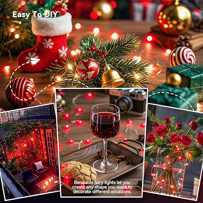 4 Pack 60LED Christmas Fairy Lights Battery Operated - 20FT Twinkle Lights with 2 Lighting Modes Indoor Outdoor, Waterproof Led Fairy String Lights for Bedroom, Wedding, Dorm, DIY Decor, Red