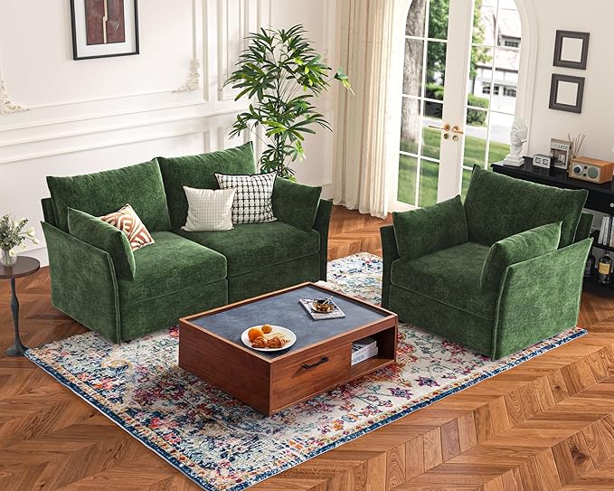 Luxury Modular Sectional Sofa, L-Shaped 3-Seat Couch with Storage Ottoman Deep Seat & Reversible Chaise Lounge Chenille Green for Compact Spaces, Apartments, Dorm