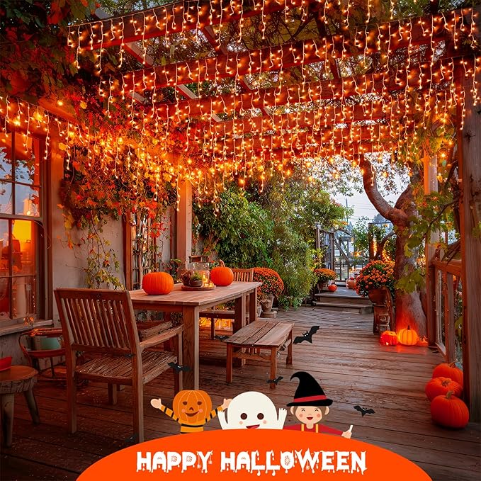 JMEXSUSS Orange Halloween Lights Outdoor, 800 LED Orange Icicle Lights Outdoor Waterproof, 8 Modes String Light Plug in for Fireplace Tree Garden Patio Thanksgiving Fall Halloween Decor
