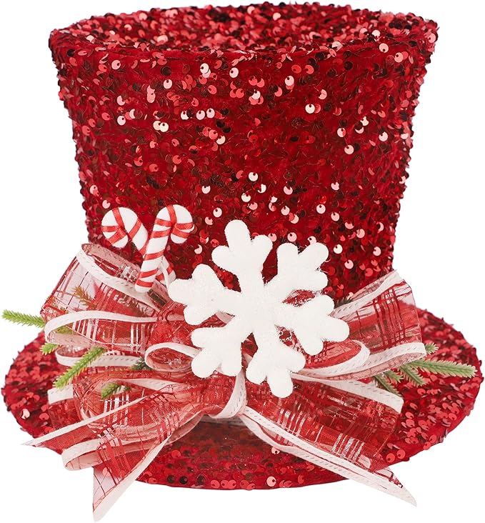 Prsildan Christmas Tree Topper Hat, Large Red Sequins Top Hat with Bow Ribbon and Snowflake, Christmas Decorations for Xmas Tree Snowman, Desktop Ornaments Holiday Home Decor