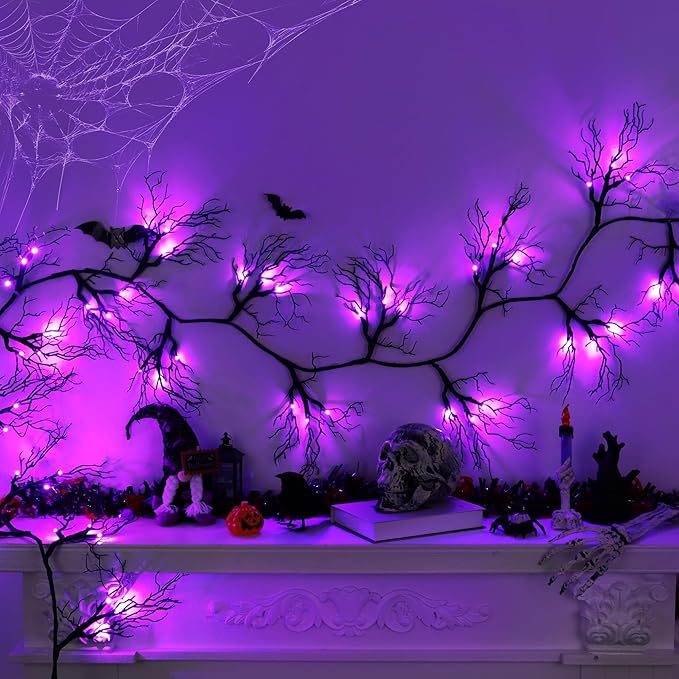 9 Ft 66 LED Willow Vine Twig Decor Black Halloween Garland with Purple Lights, Timer 8 Modes Waterproof Battery Operated Indoor Halloween Decorations for Wall Fireplace Mantle Home Office Party Decor