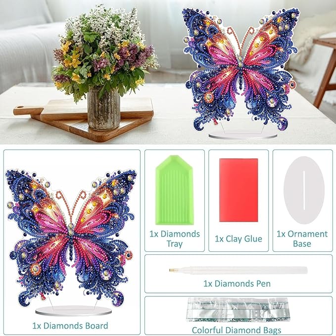 Diamond Painting Kits for Adults Beginners, 5D Full Drill Flowers and Butterfly Crystal Art Desktop Ornament, DIY Single Sided Home Office Desk Decor, Creative Craft Gift Set with Tools