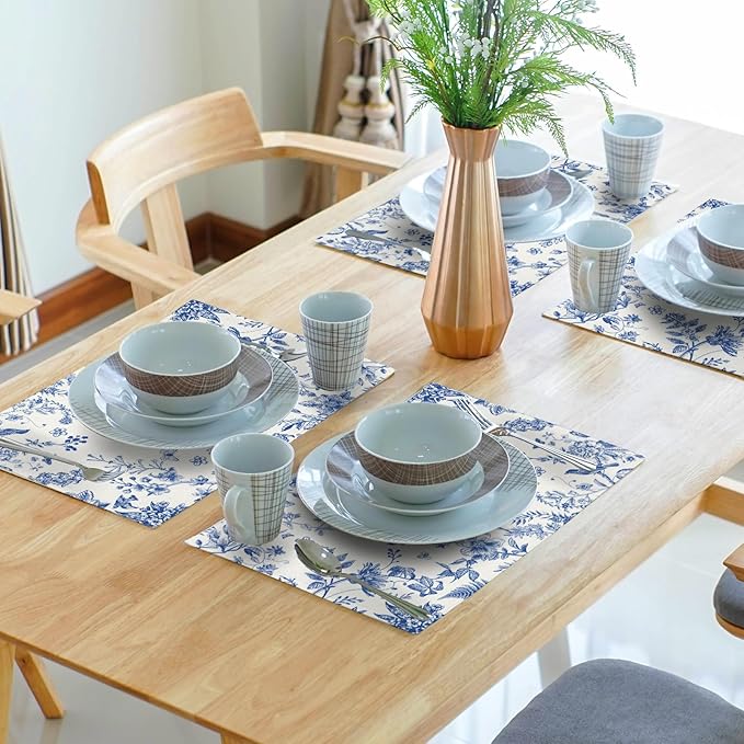 Blue White Floral Placemats Set of 4 Spring Summer Hydrangea Flowers Branches Washable Non-Slip Heat Resistant Place Mats 12x18 Inch Chinoiserie Linen Table Mats for Home Kitchen Dining Party Decor