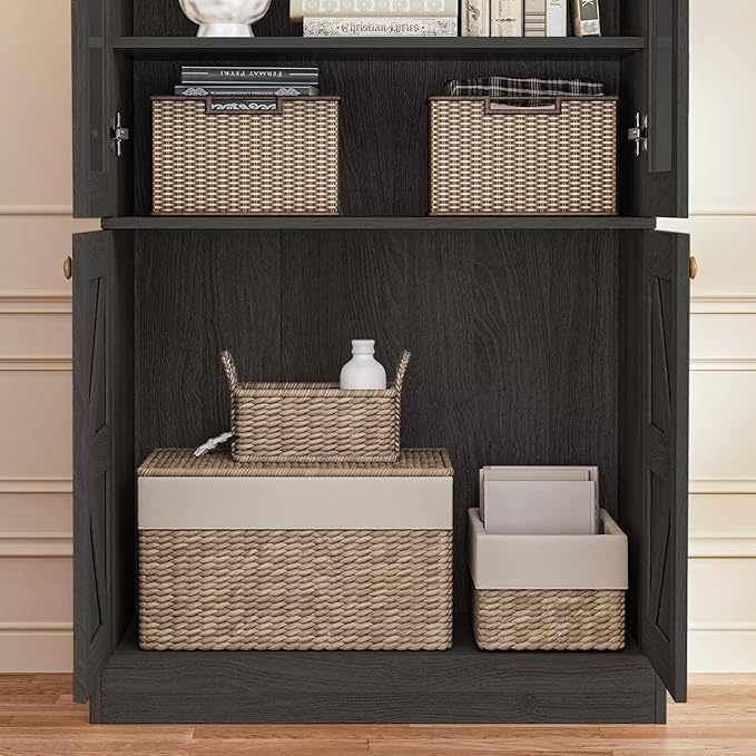 Vyre 71" Tall Farmhouse Bookshelves with Glass Doors and Drawers, Set of 3 – Large Modular Bookcase with Adjustable Shelves, Storage Cabinet for Living Room, Kitchen, Black