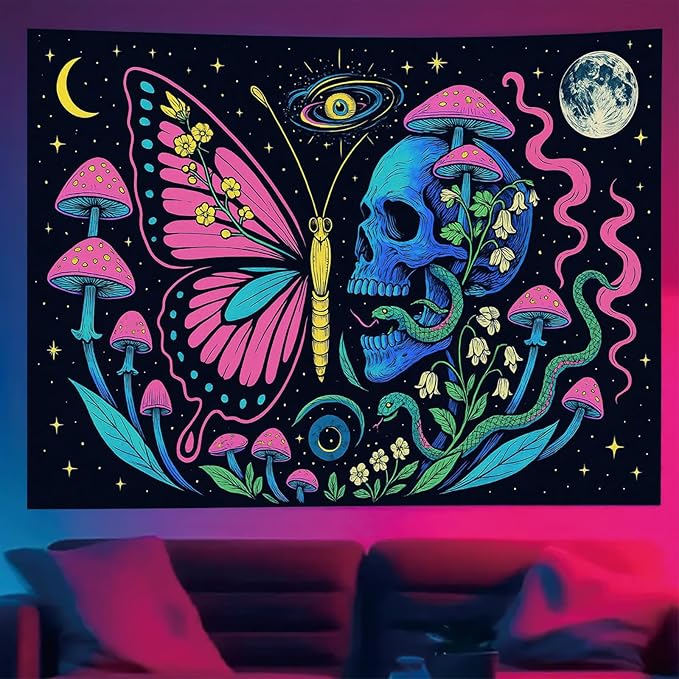 Starlit Patio Butterfly Skull Blacklight Tapestry UV Reactive Wall Hanging Mushrooms Snake and Cosmic Moon for Bedroom Dorm Living Room Glowing Psychedelic Decor Fluorescent Trippy Poster 78 x 59 Inch