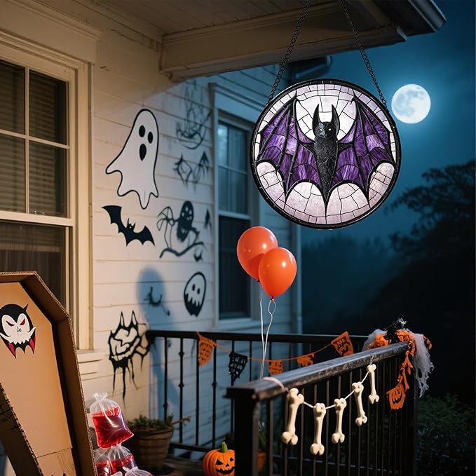 Stained Glass Window Hanging - Halloween Black Bat Purple Wings Monster Suncatcher for Doors Garden Home Spooky Sun Catchers Gothic Decor Horror Gift for Women Men Friend Boy Girl 6.3 in