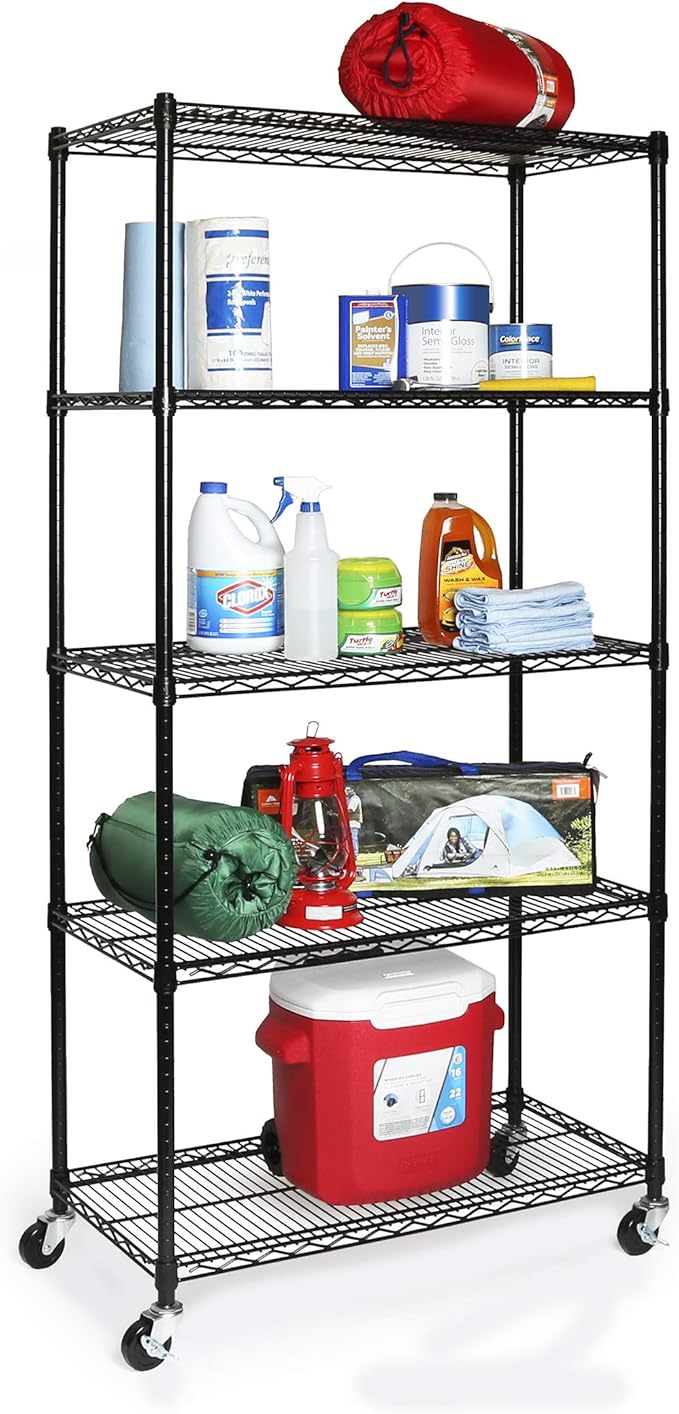 Seville Classics UltraDurable Heavy Duty NSF Solid Steel Wire Rack Storage Unit, Organizer for Garage, Warehouse, Office, Restaurant, Classroom, Kitchen, Black, 5-Tier Shelving, 36" W x 18" D