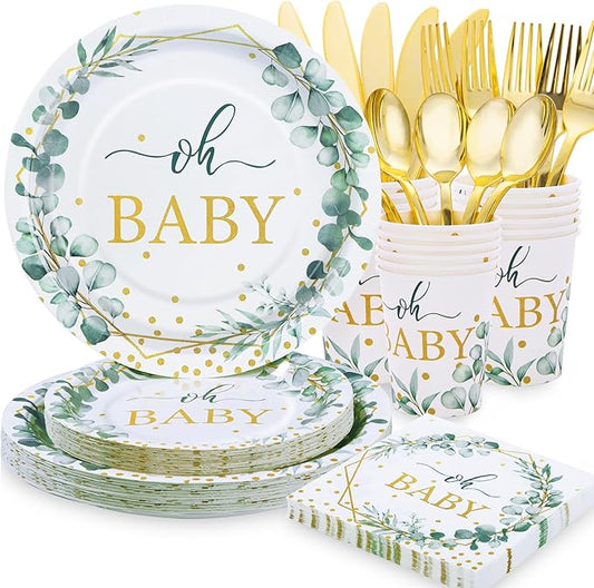 140PCS Sage Green Baby Shower Decorations for Boy, Baby Shower Plates and Cups and Napkins Sets Serves 20, for Eucalyptus Boho Boy Neutral