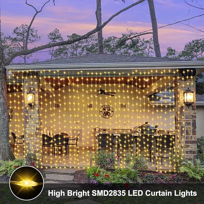 Curtain Lights Battery Operated 200 LED Curtain Fairy Lights 6.6×6.6ft with Remote Timer Outdoor Wall Light Fully Waterproof for Wedding Backdrops Bedroom Decor (Warm White)