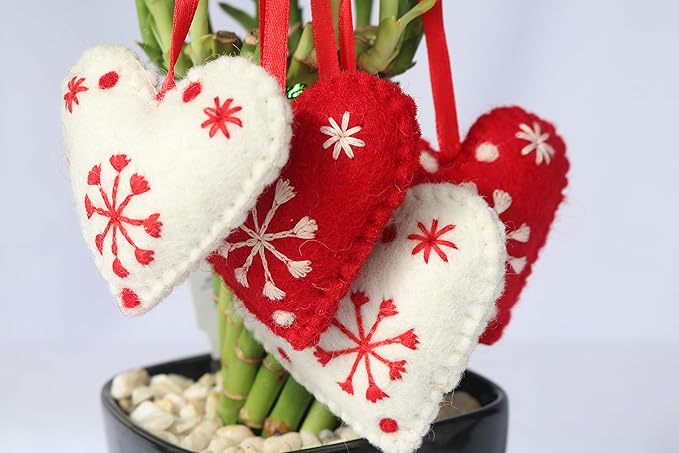 Hearts Christmas Ornaments Set of 4-Snowflake 100% Pure New Zealand Wool Handmade Eco-Friendly Valentine's Day Decor Shower Nursery Decoration Fair Trade (4, Heart)