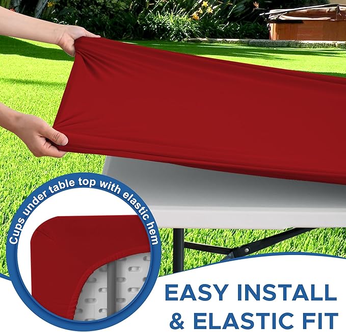 Fitted Tablecloth for 8 Foot Rectangle Tables-4 Pack Red Elastic Outdoor Picnic Table Cover-Spandex Stretch Folding Table Cloths 8ft for Camping Dining Room Patio Kitchen Banquet Party