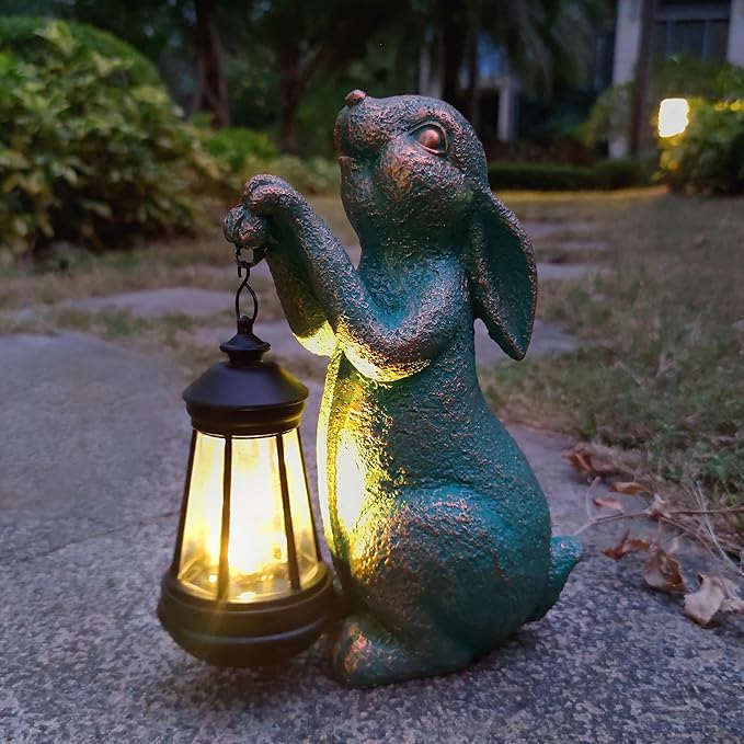 JOYBEE Garden Statues Rabbit with Solar Lantern Outdoor Decor-Rabbit Solar Figurines Lights Decorations for Patio Yard Lawn Ornaments-Gifts for Birthday Easter Housewarming