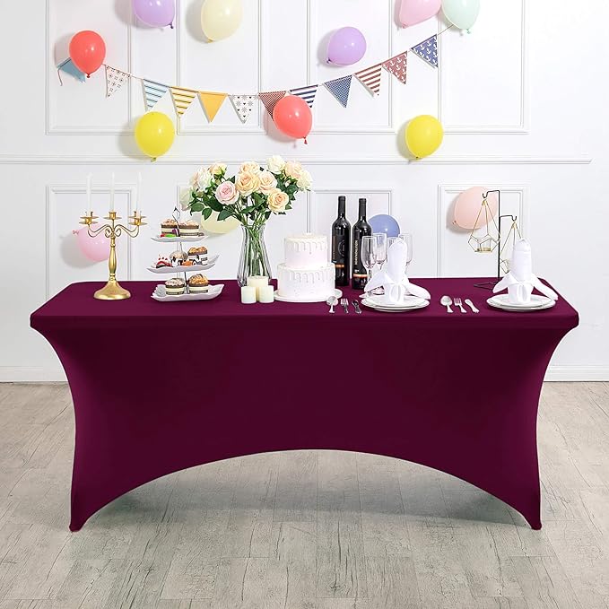 2Pack Spandex Table Cover for 8FT or 4ft or 6ft Table Universal Fitted Stretch Tablecloth for Party, Banquet, Wedding and Events-Burgundy