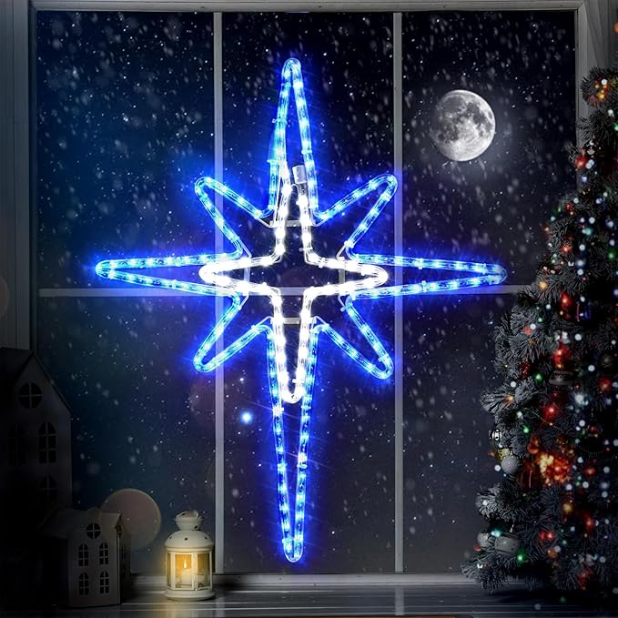 28" Christmas Star of Bethlehem LED Star Hanging Lights Nativity Holy Family Light for Door Window Porch Wall Decoration Plug Operated Lighted Hanging Tree Topper(Blue, White)