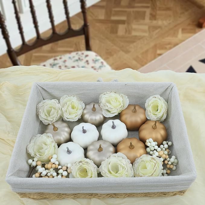 Fake Pumpkins, 21 Pcs White Artificial Pumpkins, Plastic Pumpkin Berries Rose Artificial Flowers Fall Decoration Kit for Thanksgiving Table Decoration