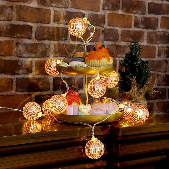 Zhanmai 30 LED Disco Ball String Lights Decor Lighted Mini Mirror Disco Balls Ornaments for 70s 80s Party Supplies Club(1.57 Inch Ball,Rose Gold)