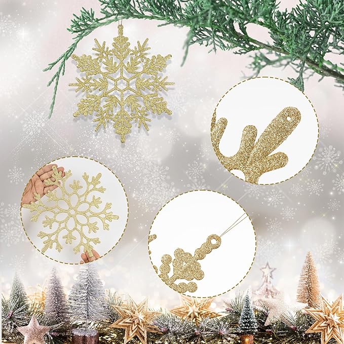 12pcs Large Christmas Snowflakes Decorations, 12" Big Plastic Glitter Gold Snowflake Ornaments for Winter Indoor Outdoor Christmas Tree Holiday Window Room Decor Craft Snowflakes