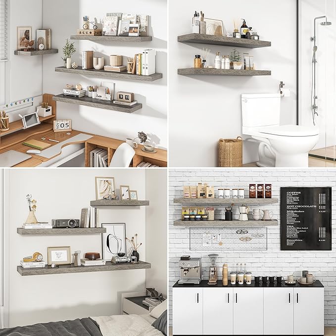 RICHFOCUS 72Inch Floating Shelves for Wall 1 Pack Shelves for Bedroom|Kitchen|Bathroom Wall Mounted Rustic Wood Floating Shelf with Invisible Brackets for Books|Storage|Decor, Grey